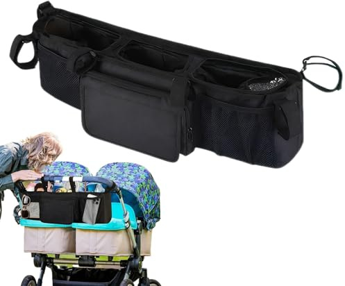 Organisateur pour poussette double - Imperméable et pliable - Organiseur pour poussette de bébé - Pour les voyages, l'utilisation quotidienne, le bébé, la maison, l'extérieur, le camping, les