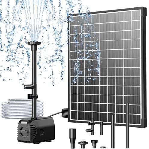Biling 25W Solar Fountain Pump, 410GPH Submersible Solar Pond Pump with Filtration and Dry Run Protection, 4.9ft Lift, 17ft Cord, 4 Nozzles, 6.7ft Tubing for Pond Fountain, Outdoor Water Features