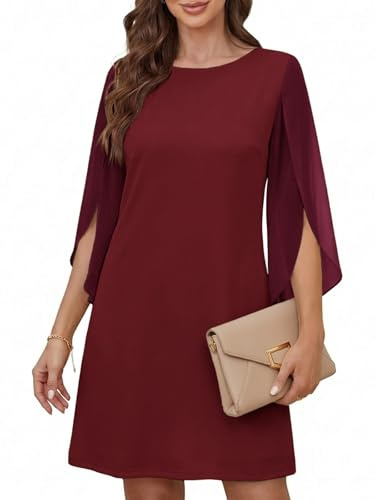 Cicy Bell Abito da Donna con Scollo Rotondo, Elegante, a Maniche a 3/4, in Tinta Unita, per Il Tempo Libero, al Ginocchio, Rosso Vivo, L