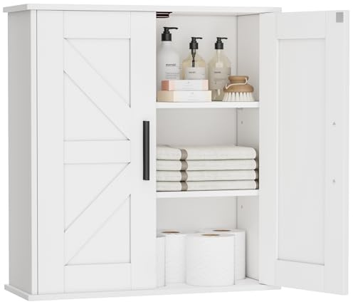 Miphlian Armoire Murale Salle de Bain avec Portes Style Grange, Blanche | Étagère réglable, meuble suspendu avec portes style grange, pour salle de bain, cuisine, buanderie et salon
