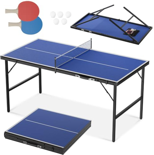 FIVMEN Bordtennisbord mini bordtennisbord 152,5 x 76 cm bordtennisbord utomhus vikbar med 2 racketar, 5 bollar, 1 nät, praktiskt bordtennis set för inomhus, täckta utomhusområden