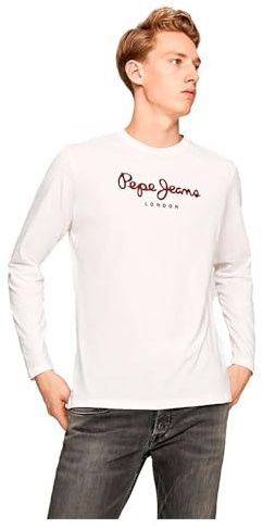 Pepe Jeans London Eggo Long N T-shirt à manches longues pour homme coupe regular, 100% coton col rond avec logo poitrine, blanc
