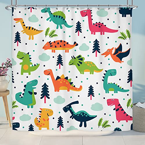 Riyidecor Dinosaurier-Duschvorhang für Jungen und Kinder, bunt, Dino-Cartoon-Jurassic Elasmosaurier, 12 Stück, Metallhaken, Dekostoff, Badezimmer, Polyester, wasserdicht, 182,9 x 182,9 cm (B x H)