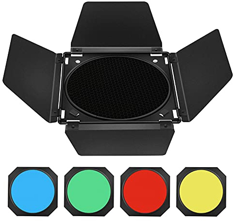 Godox BD-04 Barn Door in metallo e griglia a nido d'ape e 4 filtri gel colorati, compatibile con i riflettori standard con attacco Bowens compatibile con la luce video LED GODOX NEEWER Amaran Aputure