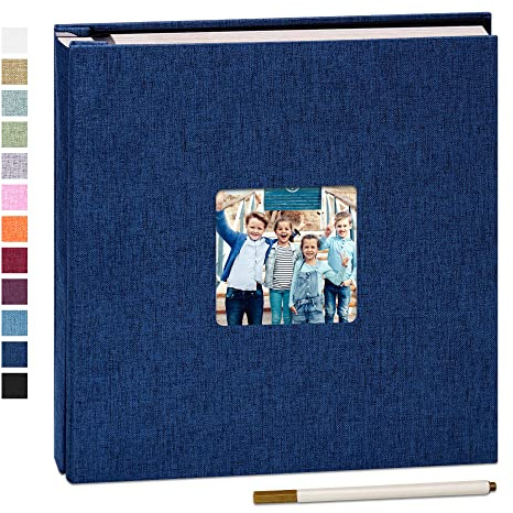 Yopih Self Adhesive Photo Album with Window, 40 Pages, 33x32cm, Navyblue | Linen Cover, Photo Scrapbook, Metallic Pen, Photos 10X15 13X18 15X20 20X25 Cm, Wedding Baby Family
