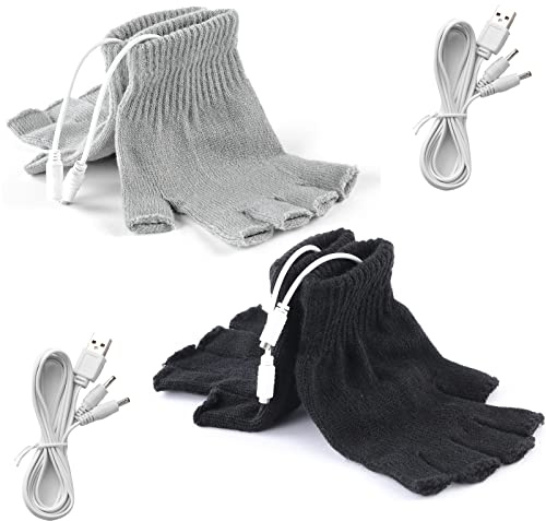 2 Pairs USB Heated Gloves for Men and Women, USB 2.0 Powered Stripes Heating Pattern Knitting Wool Heating Mittens Hands Warmer Fingerless Washable Design Winter Gift (Black & Gray)