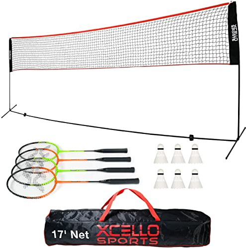 Xcello Sports Complete Badminton Racket Set - Includes 17-Foot Foldable Net, 4 Rackets, 6 Shuttlecocks, and Carry Bag