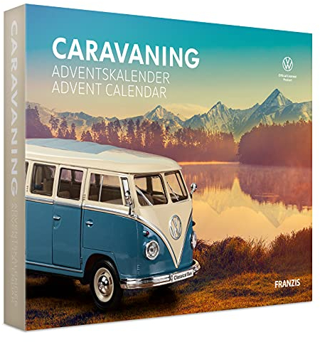 FRANZIS 55115 - Caravaning Adventskalender, VW Bulli T1 Metall Modellbausatz im Maßstab 1:24, mit 52-seitigem Begleitbuch