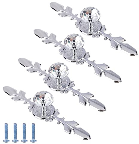 MengH-SHOP Pomelli per cassetti in vetro Pomelli per armadio a forma di diamante Armadio Alacena Maniglie con piastra in argento e viti, 120 mm (Set di 4)