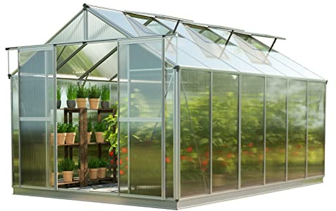 GFP Serre Topas 6 Cadre Aluminium 225x384 cm Plaques Double paroi 8 mm avec Cadre de Fondation et ouvre-fenêtre Automatique