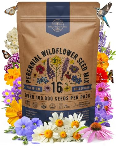 Organo Republic 16 Perennial Wildflower Seeds Mix for Indoor & Outdoors. 100,000+ Non-GMO, Heirloom Wildflower Garden Seeds, 4oz Packet for Growing Wild Flowers to Attract Bees, Butterflies & Birds