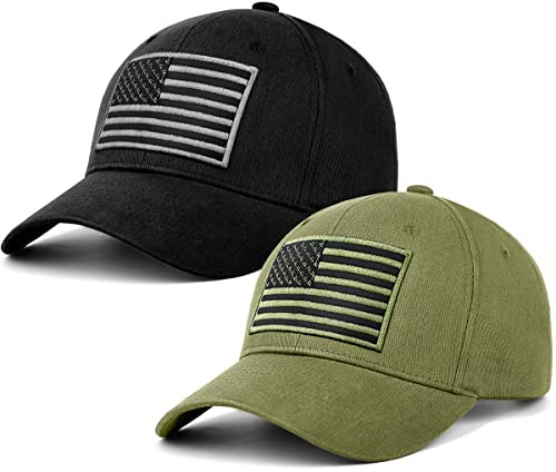 LCZTN 2 Pack American Flag Baseball Cap for Men Women,Low Profile USA Plain Dad Hat (Black＆Army Green)