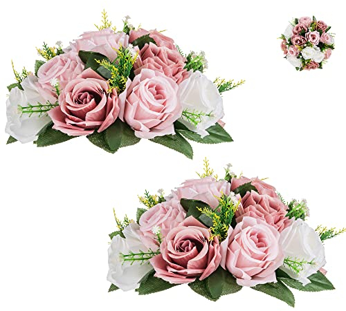 BLOSMON Blumenstrauß Blumengestecke Künstlich Deko Rose 2 Pcs Staubrosa Künstliche Blumenstrauss Blumen Tischdekoration Blumenkugel Valentinstag Rosenstrauss Echt for Hochzeit Muttertagsgeschenk