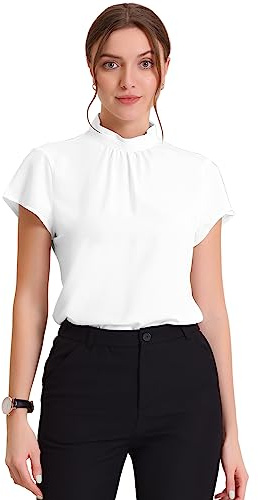 Allegra K Women Mock Neck Cap Sleeve Pleated Front Work Blouse | Soft fabric with keyhole back detail. Suitable for office, daily wear. Versatile solid color top