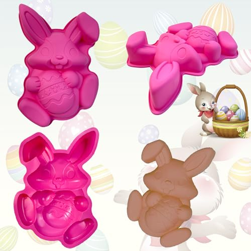 2 Stück Ostern Silikon Schokoladenformen, Ostern Kaninchen Backform, Osterhasen-Eierform, Ostern 3D Hasen Silikonform, für DIY Kuchen, Schokolade, Süßigkeiten, Gelee, Ostergeschenke (Rosa)