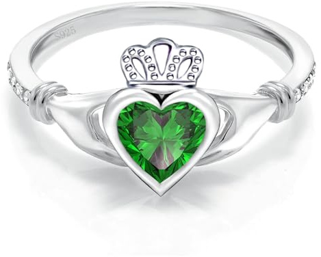 Sterling Silver Claddagh Ring for Women Irish Claddagh May Birthstone Ring with Created Green Emerald, Celtic Knot Crown Engagement Ring for Women Anniversary Wedding Promise Ring,Size 8