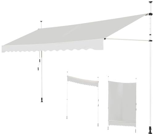 GOPLUS Klämmarkis 350 cm bred, terrassmarkis utan borrning, UV-resistent höjdjusterbar vattenavvisande, markis med handvev infällbar, solskydd balkong av metall och Oxford, beige