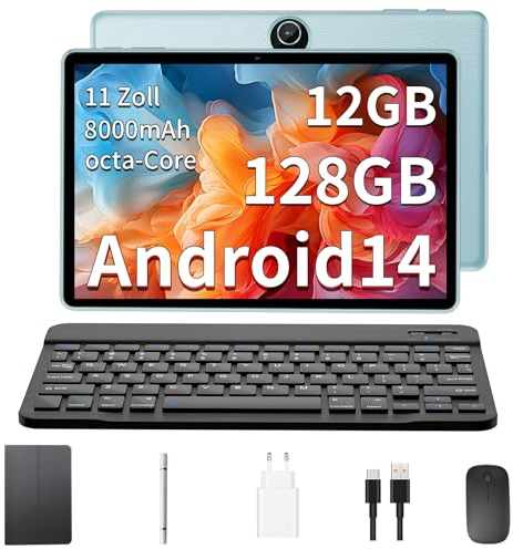 JIKOCXN Android 14 Tablet 11 Zoll Tablet mit Tastatur, 12GB RAM+128GB ROM+1TB Erweiterung, 1280x800 FHD Touchscreens, 8000mAh Akku, WLAN, Bluetooth 5.0, 5MP+8MP Dual Kamera, GPS (Blau)
