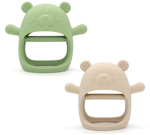 Cubble 2 Pack Silicone Teething Mitten for Soothing Teething Pain Relief, BPA Free Anti Dropping Wrist Hand Pacifier Teether Toy, Baby Chew Toys for Sucking Needs, 3M+ (Groundhog Olive/Ivory)
