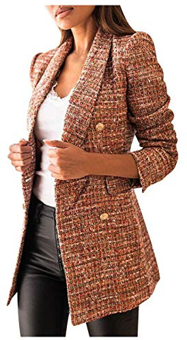MODSGUE Chaqueta informal para mujer, chaqueta de trabajo con botón de oficina, cuello de solapa, a cuadros con frente abierto, elegante, manga larga, cuello alto, cálido, tweed largo, marrón, XL