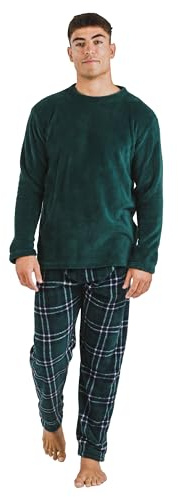 TRAMAS+ Pijama Hombre de Invierno, Pijama de Coralina con Manga Larga Polar y Pantalón Largo, Conjunto de Pijama Cómodo y calentito - L, Cuadro Welo Verde