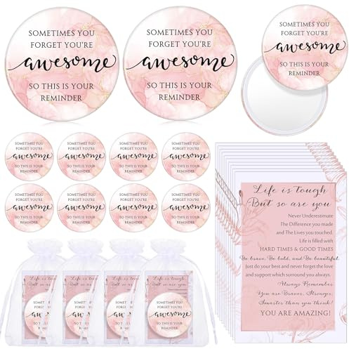 50 Set Mother's Day Inspirational Compact Mirror Bulk Gift for Women Mini Makeup Pocket Mirror Employee Appreciation Gift with Motivational Card for Easter Social Coworker Employee Teacher (Pink)