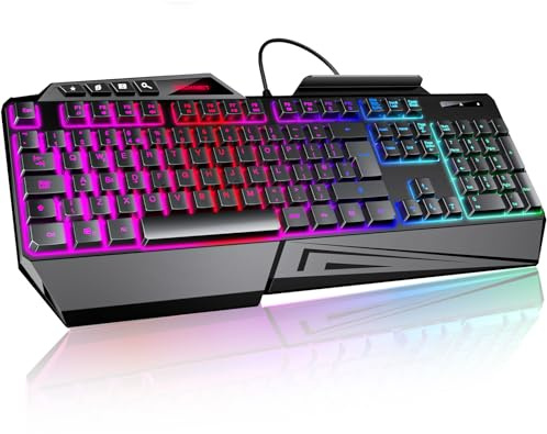 TECKNET Wired Gaming Keyboard, 26-Key Anti-Ghosting RGB Keyboard, Ergonomic Design with Phone Holder & Wrist Rest, Dedicated Shortcut Keys & Spill-Resistant Backlit Keyboards for PC/PS5/Xbox