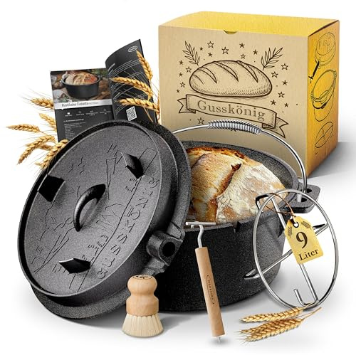 Gusskönig Molde para pan de hierro fundido con tapa, 30,5 cm, olla para hornear pan con libro de recetas, olla de pan para hornear, accesorios para hornear, horno holandés para hornear pan, olla de