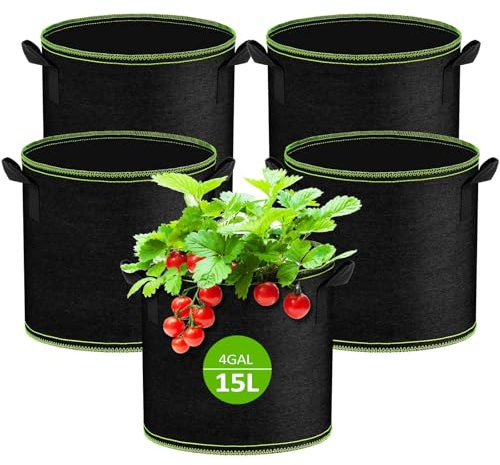 Muyohix Lot de 5 Sacs de Plantation Non Tissé 15L, Sac de Plantation Terre en Tissu avec Poignée, Sacs de Culture de Plantes Réutilisable pour Tomates, Carottes, Fraises, Légumes, Fleurs