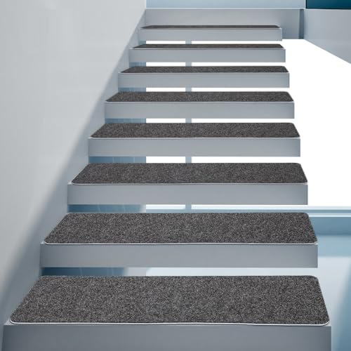 15 stycken trappstegsmattor självhäftande, inomhus rektangulär trappmatta, halkfri och brusreducerande, tvättbar och skuren polyestermatta för trappor, 20,3 x 76 cm (mörkgrå)