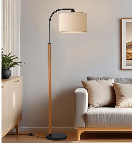 FINNCHY 66” Brown Black Arc Floor Lamps for Living Room, 1200 Lumens 3-Level Brightness Wood Floor Lamp for Bedroom, Vintage Mid Century Black Standing Lamp, Adjustable Lampshade, LED Bulb Included
