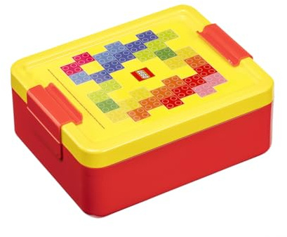 Room Copenhagen Lego - Lonchera con compartimentos, diseño de ladrillo, duradera y divertida para niños, amarillo y rojo, apta para lavavajillas, perfecta para preparación de comidas, aperitivos y