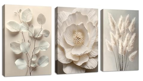 3Pcs Neutro Beige Floral Planta Marco de madera Cuadros Decoracion Salon,3D Textura Flor Botánico Cuadros Pintura Lienzos decorativos Dormitorio Comedor Decoración de Pared Listo para colgar 50x70cmx3