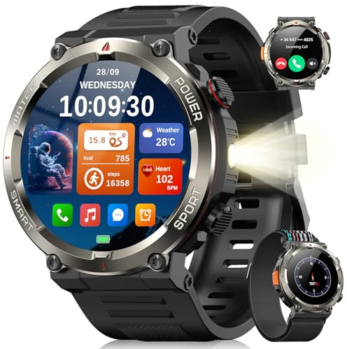 Blackview Reloj Inteligente Hombre con Linterna y Brújula, 1,45 Smartwatch con Llamadas Bluetooth, Pulsómetro, Oxímetro, Monitor de Sueño, Podómetro, 100+ Modos Deportivos, Batería Grande de 960 mAh