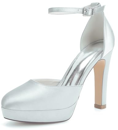 HFWXYSA Zapatos de Tacón de Bloque para Mujer, Bombas de Tacón Alto Punta Rojoonda Hebilla Zapatos de Fiesta con Plataforma Correa de Tobillo,Plata,38 EU