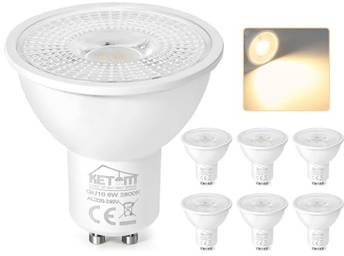 Ketom Bombillas LED GU10, 6W Equivalentes a 60W, Bombillas GU10 LED Luz Calida 2800K, 480 Lumen, Apertura del Haz de Luz 120°, No Regulable, 6 Piezas