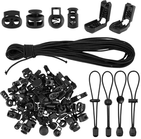 10 m elastiskt gummisnöre 3 mm, gummirep med 40 snörstopp och 40 snörklämma, runt snöre, svart, elastiskt gummiband, elastiskt snöre, elastiskt band för tvättlina, ryggsäck, skosnören