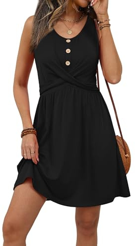 ABYOVRT Summer Dresses for Women Ladies Button Down Casual Sundress Sleeveless Tank Beach Midi Dresses,Black,L
