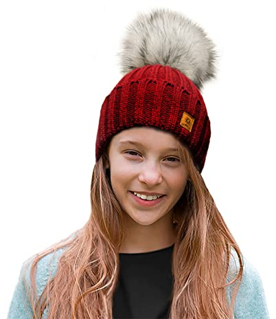 4sold Rita Barnmössa för vintern, stil beanie, stickad mössa med pälstofs, toppluva, huvudbonad, skidåkning, snowboard, Mörkröd, En Storlek