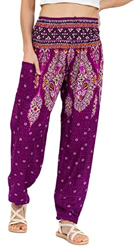 Lofbaz Damen Haremshose Yogahose Pumphose Hippie Hose Boho Kleidung Festival Outfit Sommerhose Leicht Sommer Hosen - Floral 3 Violett 3XL Große Größen