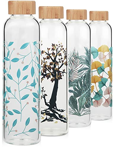Cleesmil Sport Trinkflasche Glas Wasserflasche 1000 ml / 1 Liter BPA Free Glasflasche mit Neoprenhülle (Blatt)