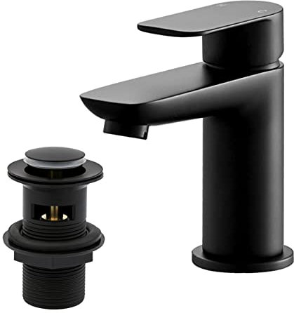 Black Basin Taps with Pop Up Waste, BATHWEST Modern Monobloc Chrome Brass Matte Black Bathroom Sink Taps for Basin with Drainer 922MB