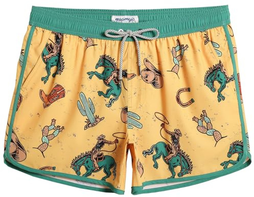 maamgic Mens Swim Trunks Retro Swim Shorts 4 Way Stretch with Mesh Vintage 80s 90s Quick Dry Swimsuits Board Shorts Cowboy Khaki Small