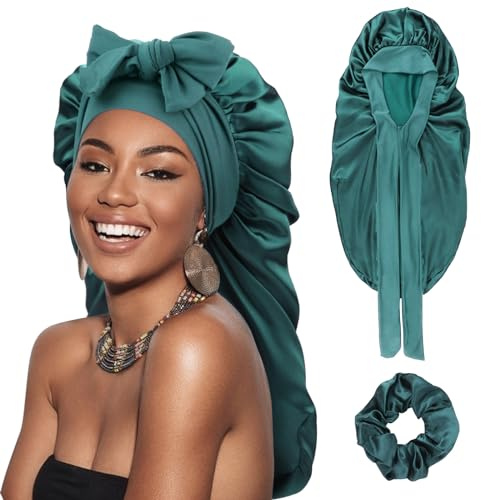 DRESHOW Bonnet Long en Satin Tressé pour Femme - Bonnet de Sommeil en Soie avec Bande Élastique pour Cheveux Longs, Bouclés et Locs