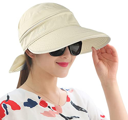 Chapeau de Soleil pour Femme Casquette Visière Amovible Chapeau Pliable à Large Bord Protection UV Capeline Réglable Chapeaux d'été Coton Chapeau de Seau Respirant pour Plage Voyage Vacances