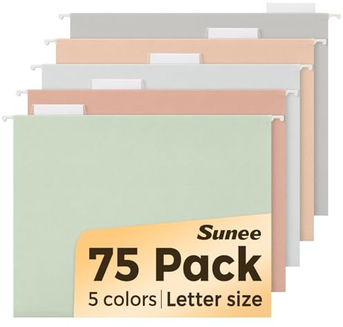 SUNEE Hanging File Folders, Pastel Colors - 75 Pack, Colored File Folders Letter Size with 1/5-Cut Tabs, Ideal for Organizing Home and Office Documents