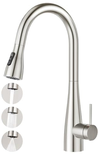 CREA Wasserhahn Armatur Küche Ausziehbar, Küchenarmatur mit Brause 3 Wasserstrahlarten, Hochdruck Einhebelmischer Spültischarmatur 360° Schwenkbar aus Edelstahl, Gebürstet