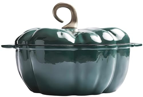 Kürbis-Schmortopf aus Gusseisen, 4 qt Kürbis-Cocotte, 3,7 l Kürbisform, Kochtopf, Emaille-Topf, Kürbistopf mit Deckel, Eintopftopf Suppentopf, für 3–5 (grün)
