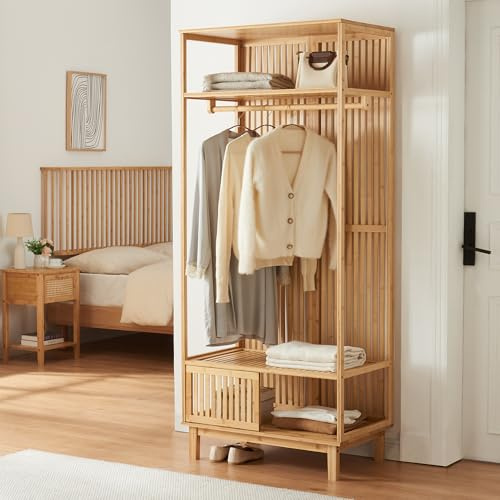 [en.casa] Stand Appendiabiti in Bambù Organizzatore Guardaroba Armadio Aperto con 2 Ripiani e Barra Porta Abiti per Cabina Armadio Ingresso 187 x 80 x 47 cm - Naturale