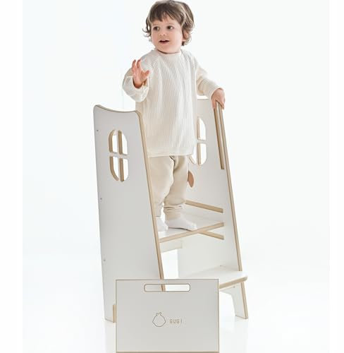 GUGI - Lernturm Für Kinder Ab 1 Jahr Größe M 40x40x85 cm - Multifunktionaler Hocker Aus Holz - Weißer Tritthocker Zum Lernen Und Spielen Im Innenbereich - Learning Tower, Fenster-Edition